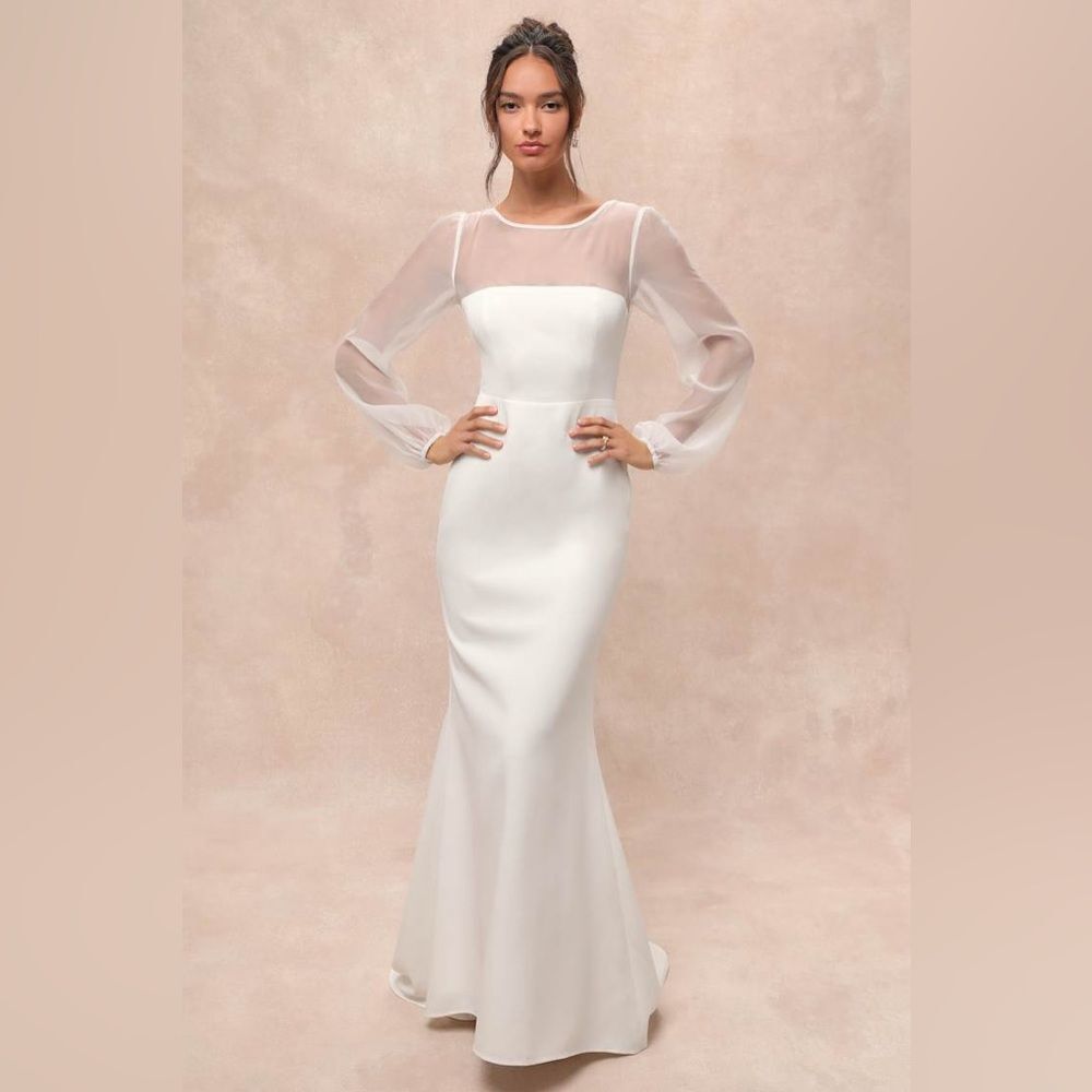 NWT Lulus Immaculate Romance White Sheer Organza Long Sleeve Maxi Dress Small